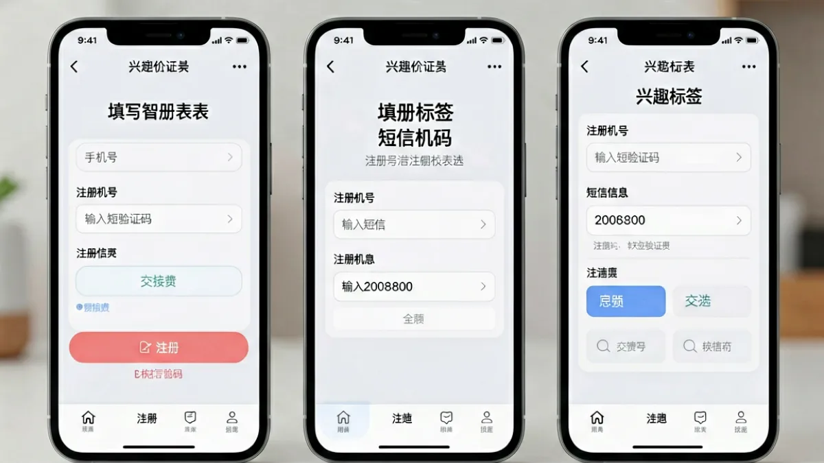干妞网视频注册流程示意图，展示手机号填写、验证码输入和兴趣标签选择三个关键步骤